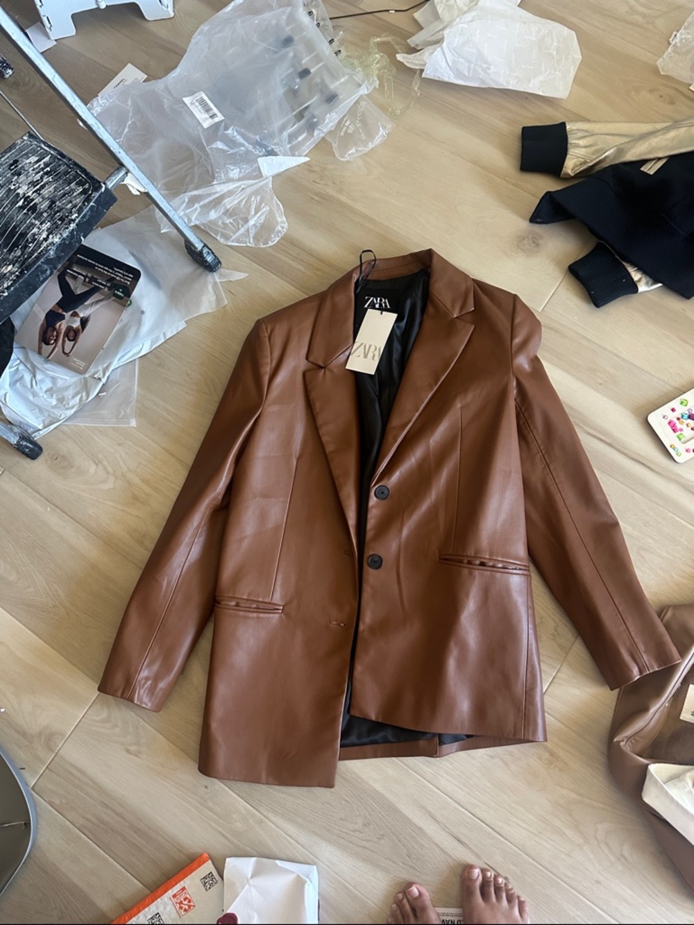 Zara Brown Faux Leather Blazer Jacket